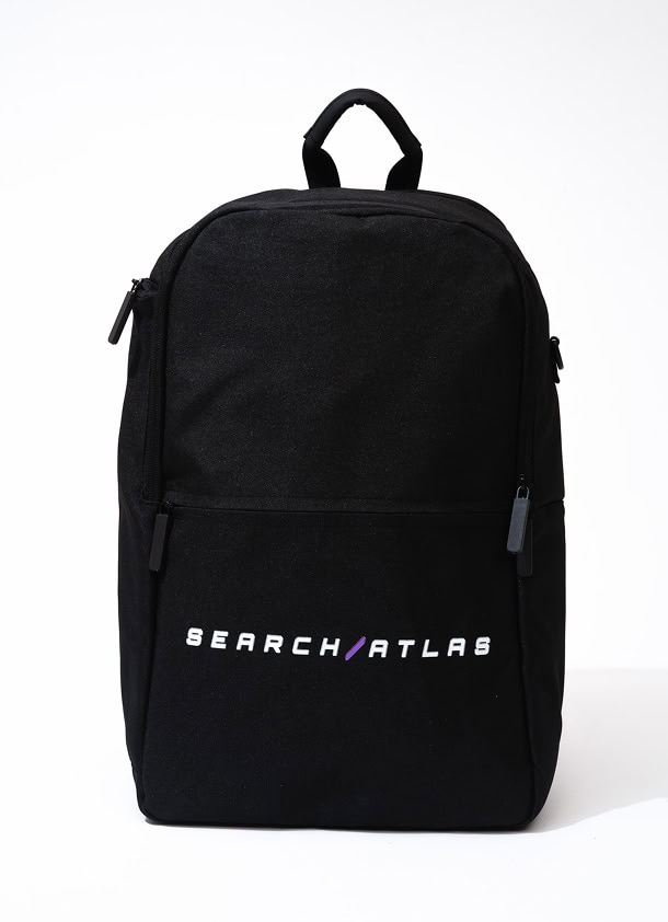 Black Search Atlas backpack with logo, perfect for travel, school, or work, featuring multiple compartments and durable material for everyday use.