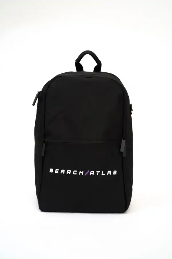 Backpack with Search Atlas logo, black travel or school bag with multiple compartments, ideal for students or professionals. Perfect for organizing essentials in style.