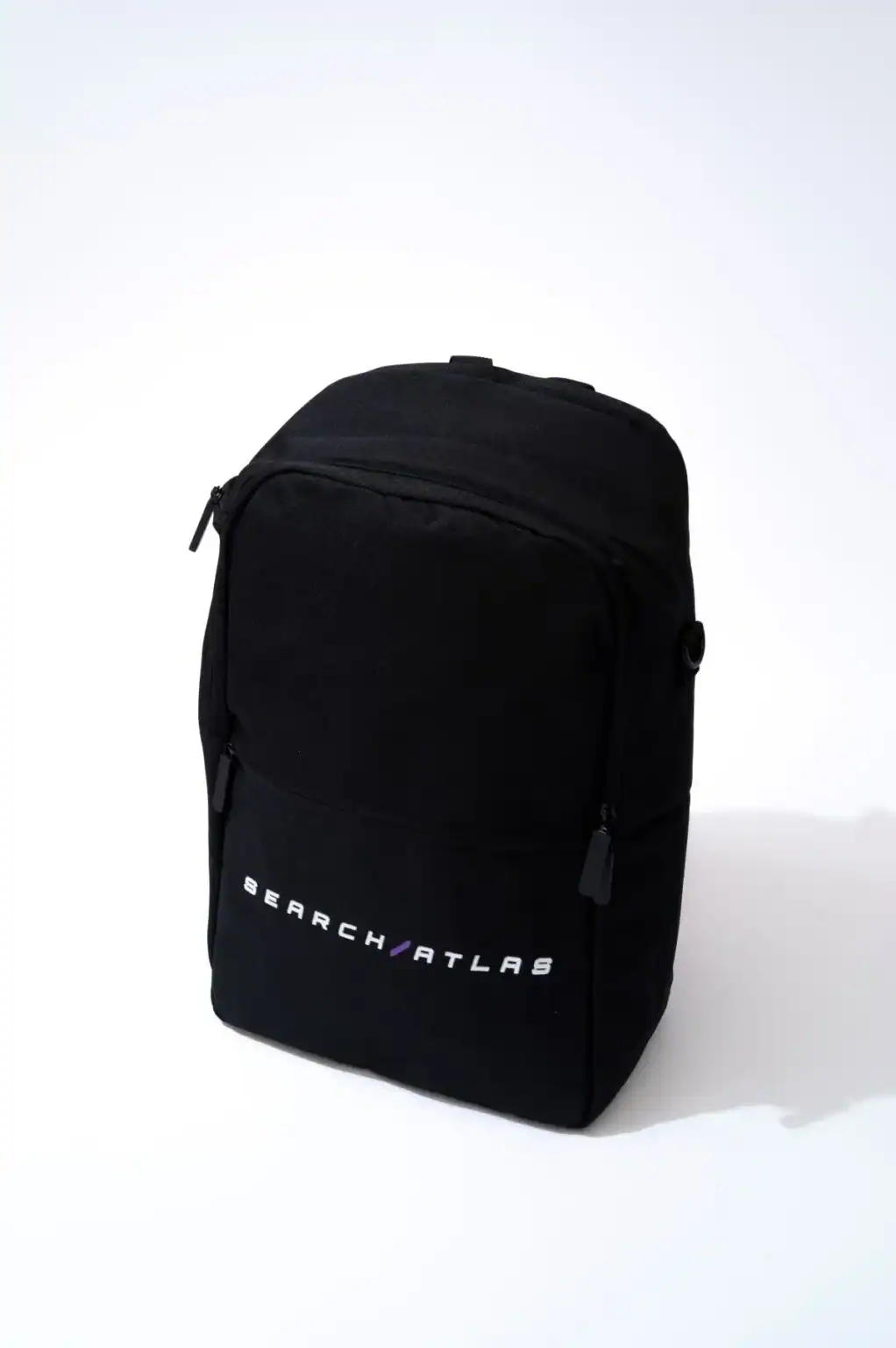 Backpack with Search Atlas logo, perfect for travel and work with multiple compartments, durable design, ideal for digital marketers and SEO professionals.