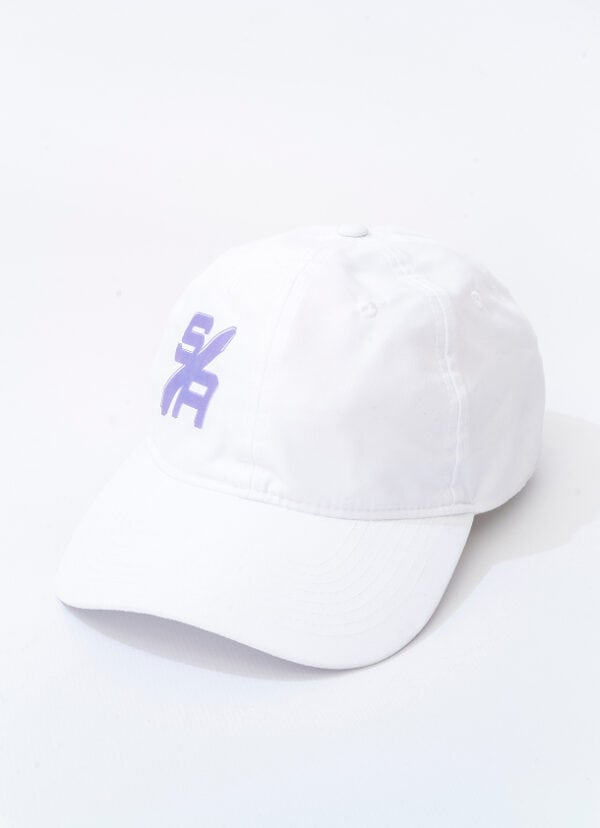White adjustable baseball cap with Search Atlas logo, perfect for casual wear and outdoor activities.