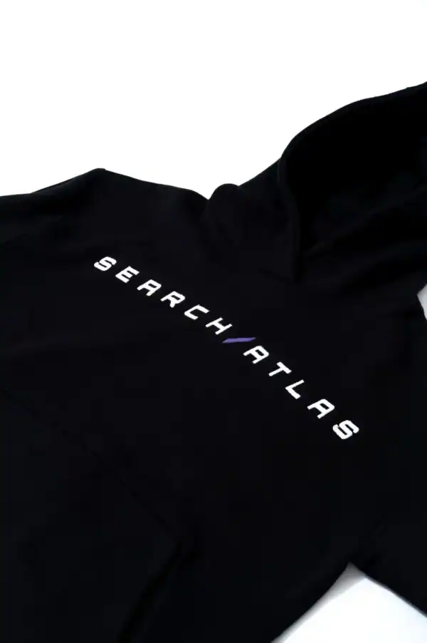 Search atlas hoodie with logo, black casual apparel, stylish streetwear sweatshirt, Search Atlas branding, modern minimalist clothing for men and women.