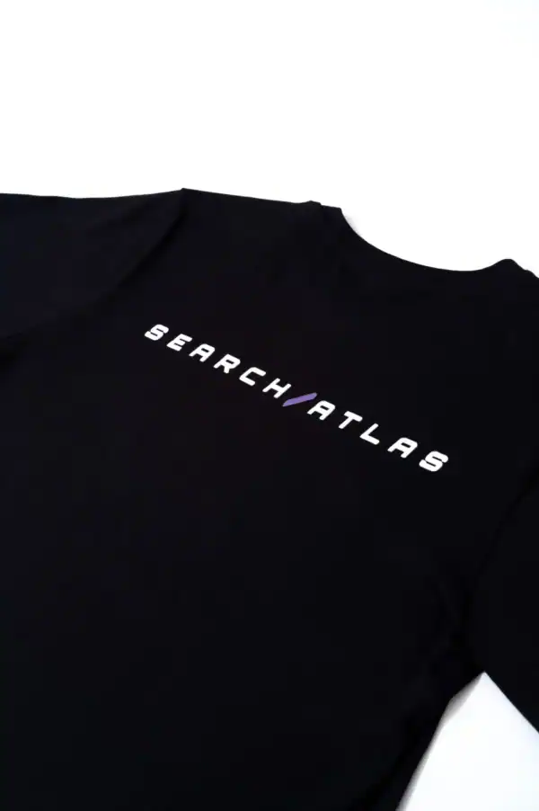 Search atlanta apparel black t-shirt with "SEARCH/ATL" text and purple slash logo for search engine optimization.