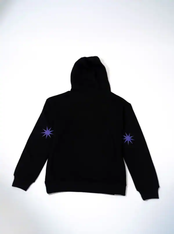 Black hoodie with purple starburst design on sleeves, casual style, Search Atlas store merchandise, comfortable fabric, fashion hoodie for men and women, online shopping, trendy apparel, urban casual wear.