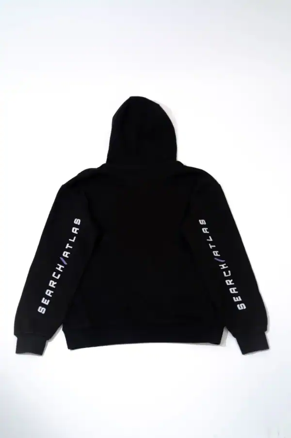 Comfy black hoodie with "SEARCH ATLAS" text on sleeves, perfect for casual wear and outdoor activities. Stylish and cozy, ideal for fans of Search Atlas and streetwear fashion.