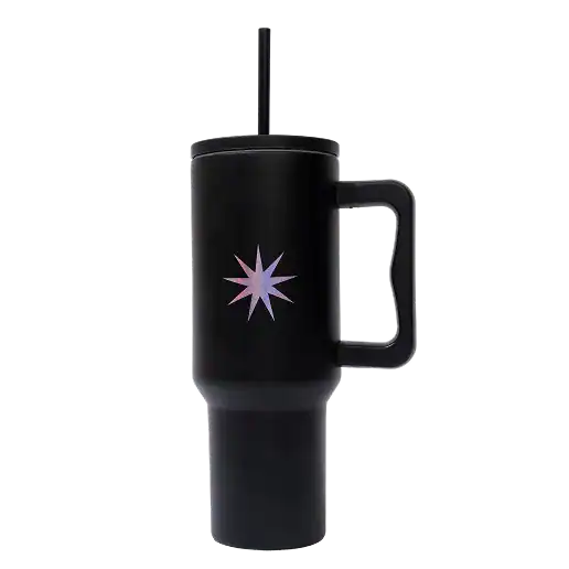 A smart black coffee mug with a built-in straw and illuminated star logo, designed for tech-savvy users who enjoy innovative drinkware. Perfect for modern coffee lovers and tech enthusiasts.