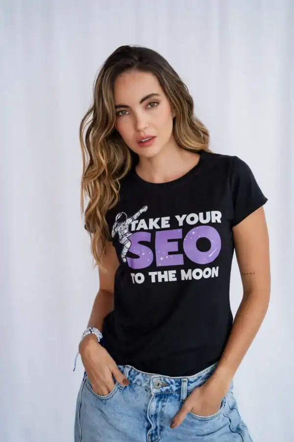 SEO-friendly ALT text: Women wearing a black SEO-themed T-shirt promoting digital marketing and search engine optimization.