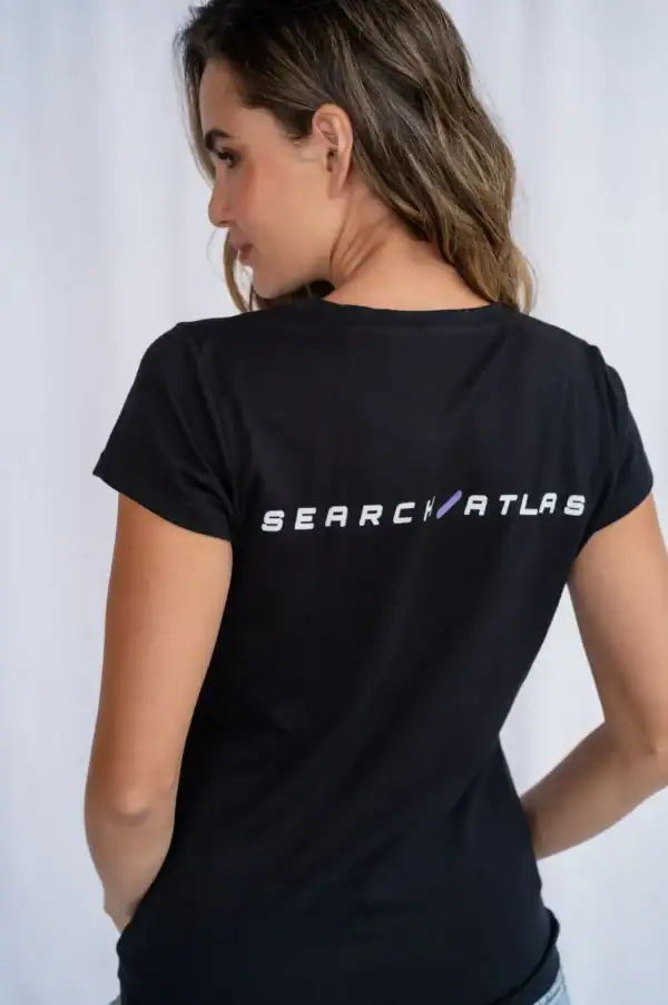 Search atlas store t-shirt logo promotional apparel for brand awareness and marketing campaigns woman model black t-shirt with search atlas branding.