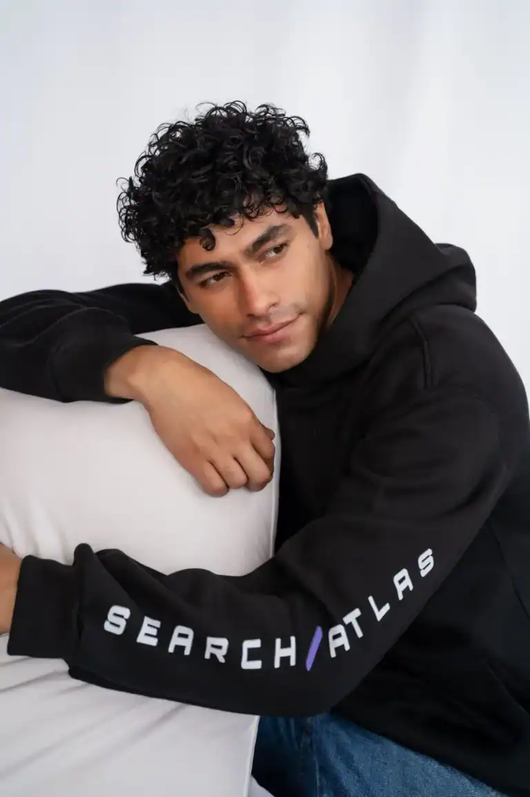 Search Atlas store promotional hoodie featuring brand logo, stylish casual wear for online shopping enthusiasts. Perfect for fans of Search Atlas merchandise and trendy streetwear collections.