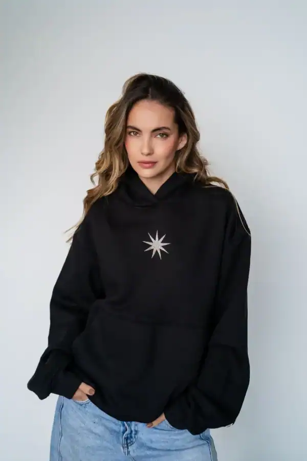 Black hoodie with silver star emblem, casual women's sweatshirt, stylish streetwear apparel, Search Atlas Store collection.