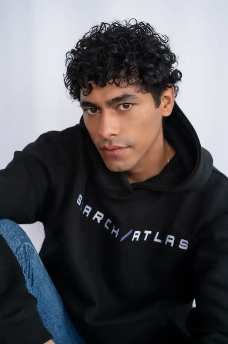 Search atlas store hoodie, trendy black hoodie with white text, fashionable streetwear apparel for men, stylish casual hoodie with bold print, high-quality urban clothing from searchatlas.com.