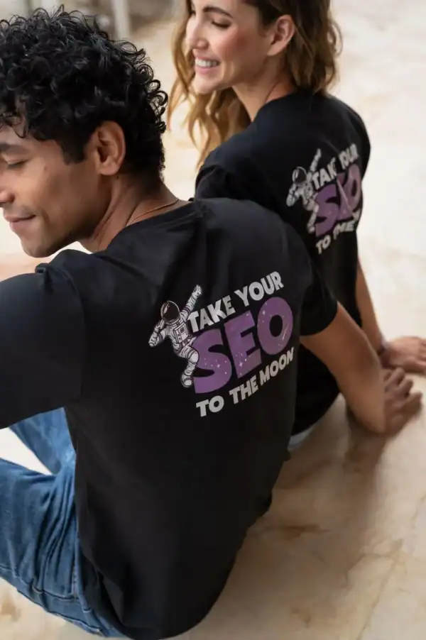 Take Your SEO to the Moon t-shirt, space-themed graphic design, motivational SEO quote, casual black tee for tech enthusiasts, modern SEO merchandise from Search Atlas Store.