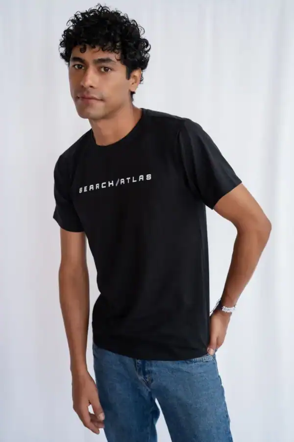 Search Atlas logo t-shirt, black casual apparel, men's fashion, modern streetwear, versatile summer outfit.