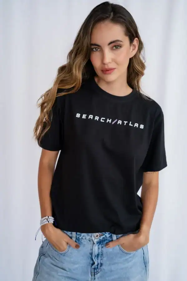 Search atlas store logo t-shirt for casual sportswear and graphic tee fashion, comfortable cotton top with Search Atlas branding, perfect for everyday wear or casual outfits.