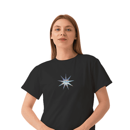 Holographic star design T-shirt, trendy apparel, customizable clothing for digital marketers, entrepreneurs, and online store owners, perfect for branding and promotional events.
