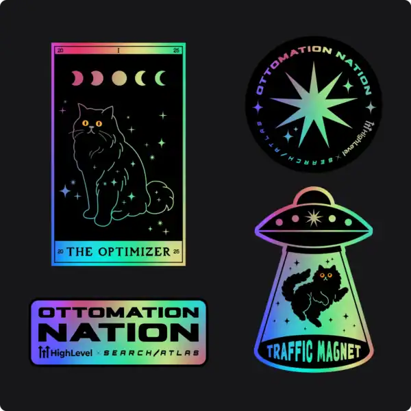 Neon holographic cosmic cat tarot card, UFO traffic magnet stickers, and space-themed logo designs for Search Atlas Store, promoting digital marketing tools and sci-fi accessories with vibrant colors and holographic effects.