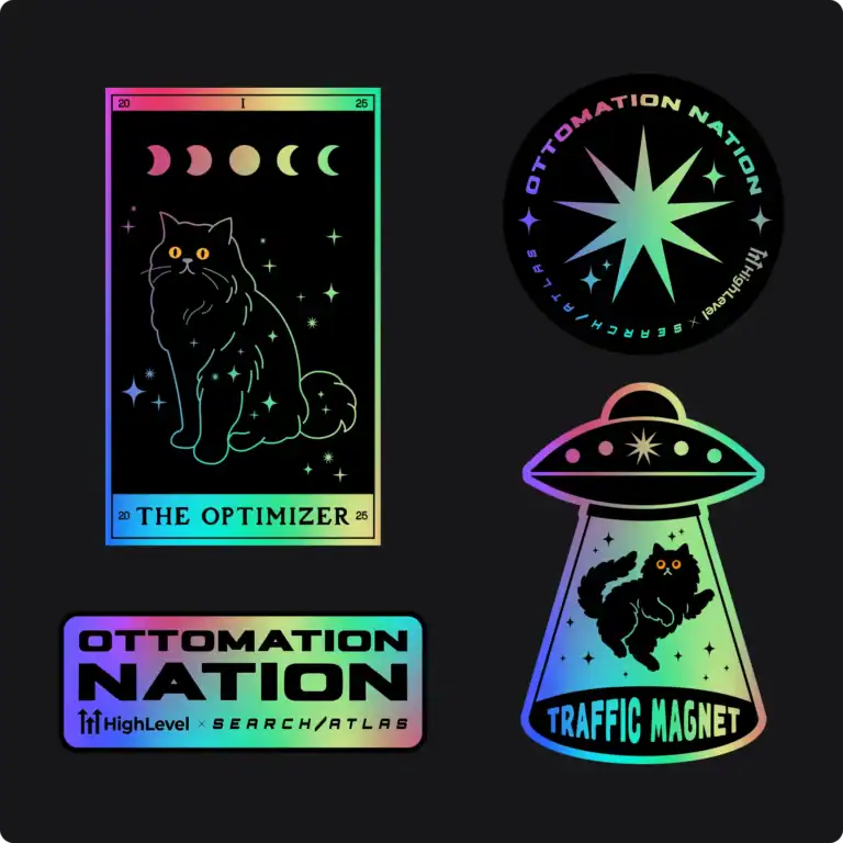 Neon holographic cosmic cat tarot card, UFO traffic magnet stickers, and space-themed logo designs for Search Atlas Store, promoting digital marketing tools and sci-fi accessories with vibrant colors and holographic effects.