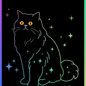 Colorful neon outline illustration of a black cat surrounded by stars, moon phases, and cosmic elements, representing astrology and celestial themes, on a black background for astrology or mystical content.