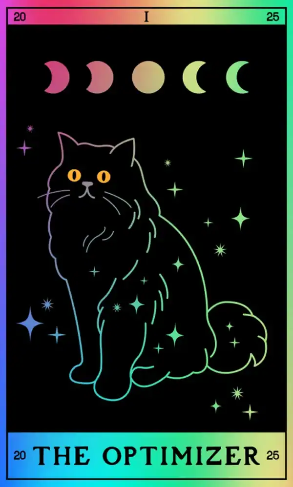 Colorful neon outline illustration of a black cat surrounded by stars, moon phases, and cosmic elements, representing astrology and celestial themes, on a black background for astrology or mystical content.