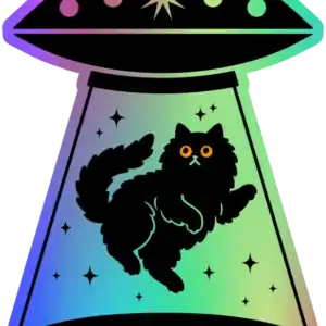 UFO shining a colorful beam on a black cat with glowing orange eyes, labeled "Traffic Magnet," in a rainbow gradient style.