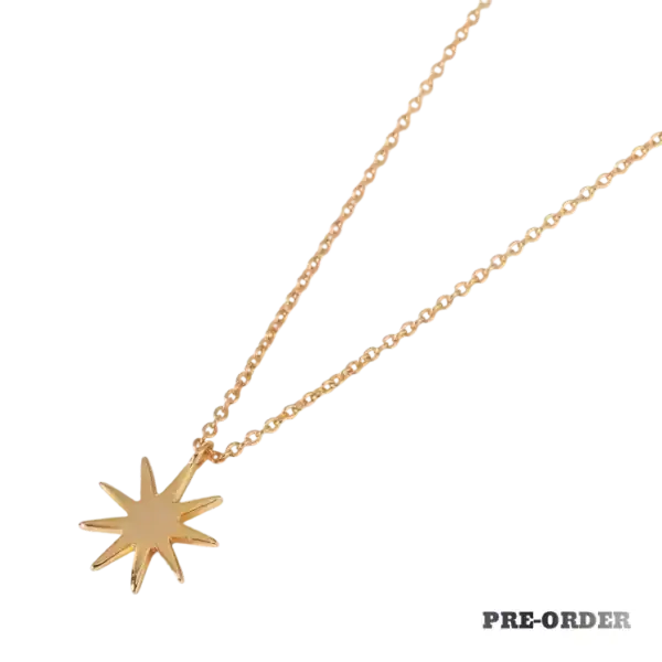 Star-shaped gold necklace with a delicate chain, perfect for stylish accessories and gift ideas. Ideal for enhancing any outfit, available now for pre-order at Search Atlas Store.