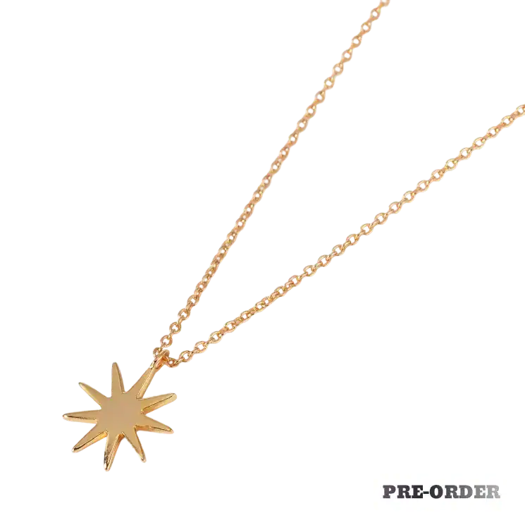 Star-shaped gold necklace with a delicate chain, perfect for stylish accessories and gift ideas. Ideal for enhancing any outfit, available now for pre-order at Search Atlas Store.