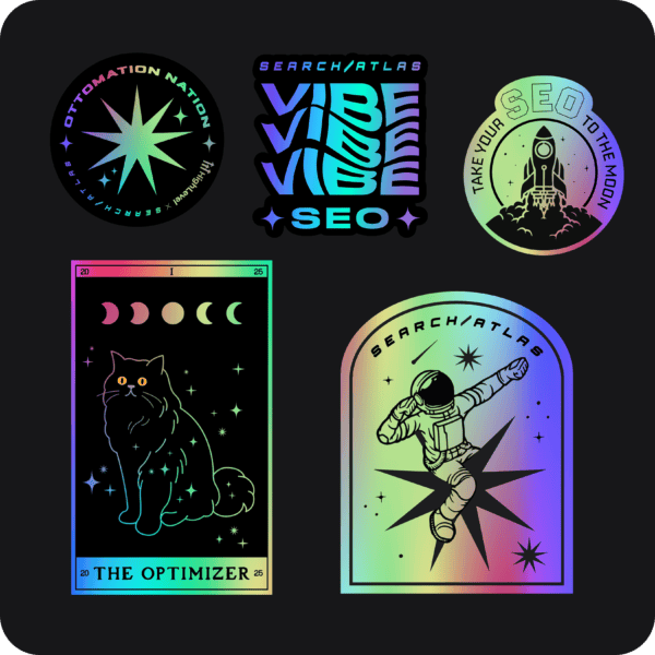 Vibrant space-themed SEO stickers with lunar, astronaut, and galaxy designs for digital marketing, branding, and promotional use.
