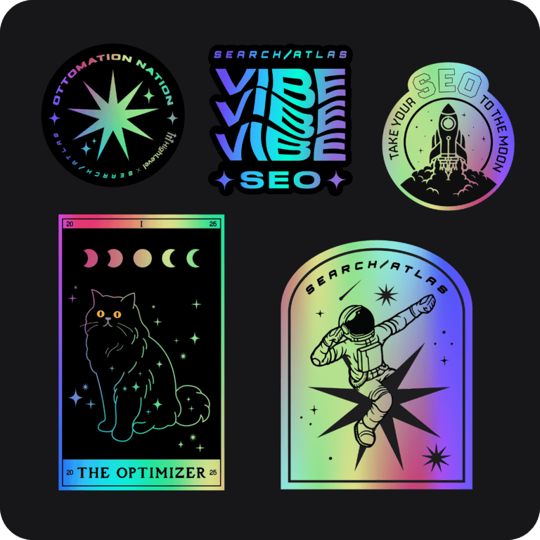 Vibrant space-themed SEO stickers with lunar, astronaut, and galaxy designs for digital marketing, branding, and promotional use.