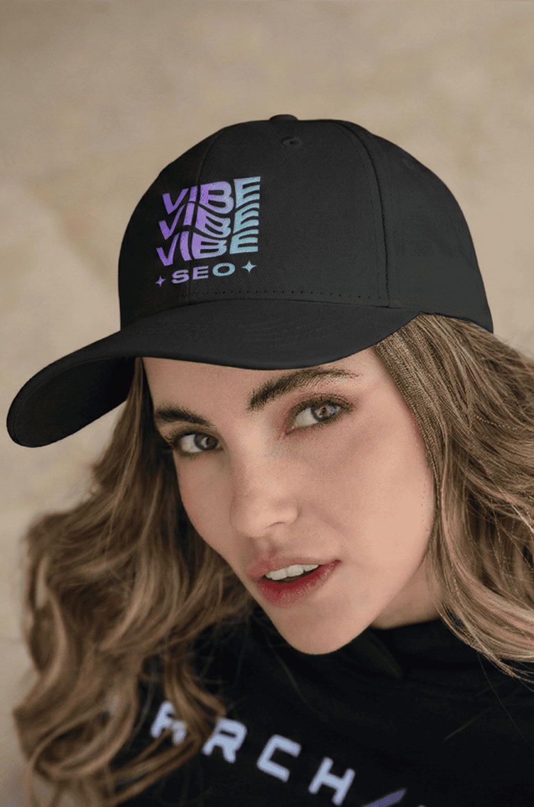 Hips women’s black snapback hat with holographic Vibe SEO design, perfect for stylish streetwear and branding, with a curved brim and adjustable strap.